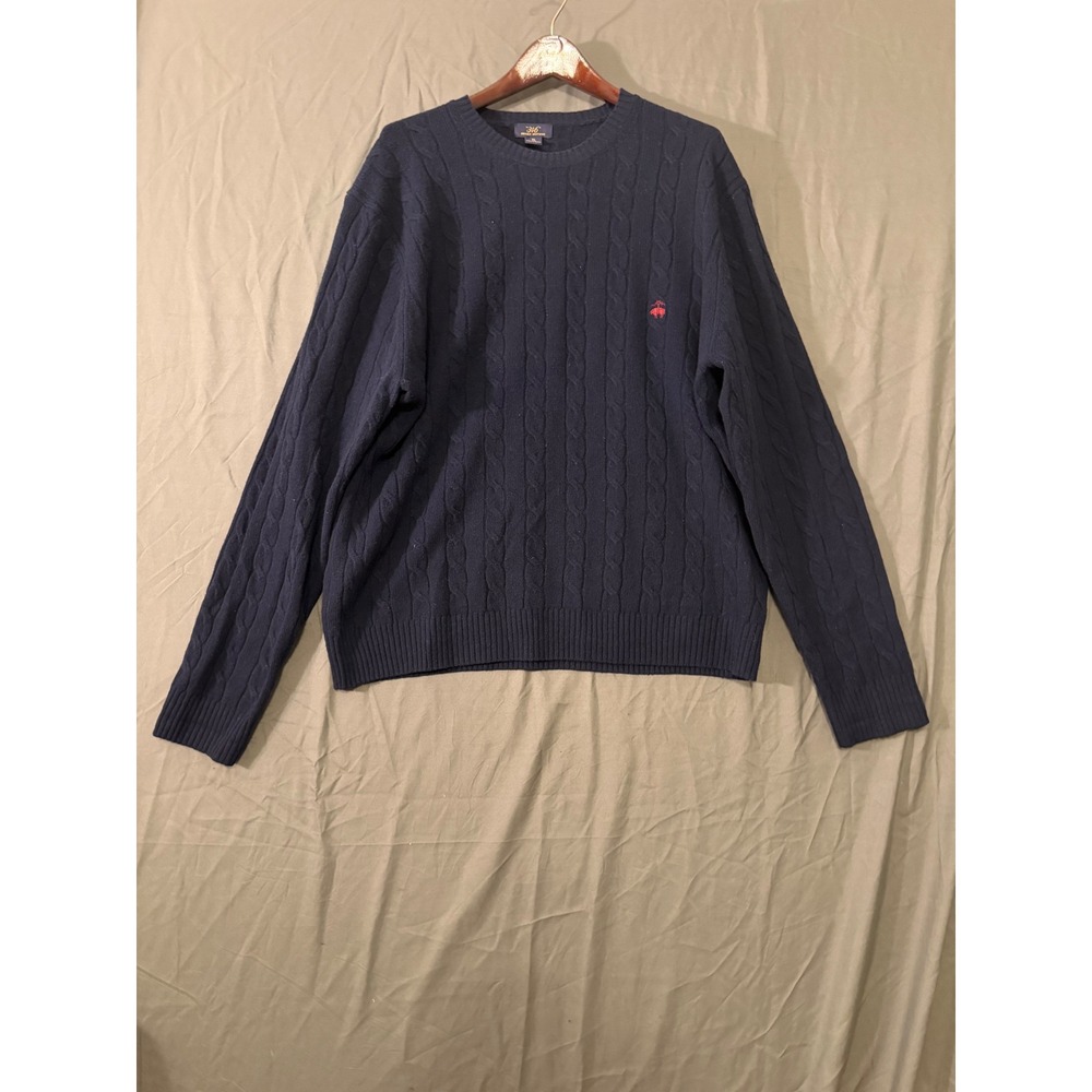 Brooks Brothers 346 Mens XL Navy Blue 100% Lambswool Cable Knit Sweater Pullover
